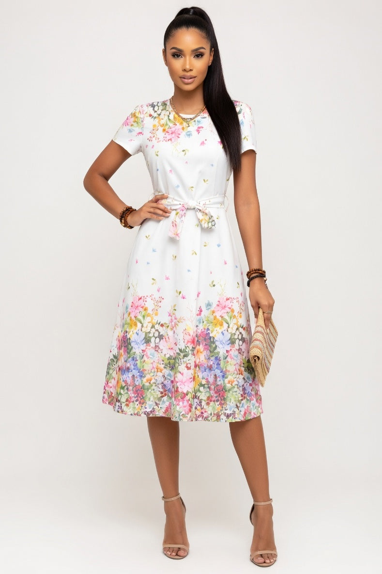 Printed Mini Dress with Belt — White
