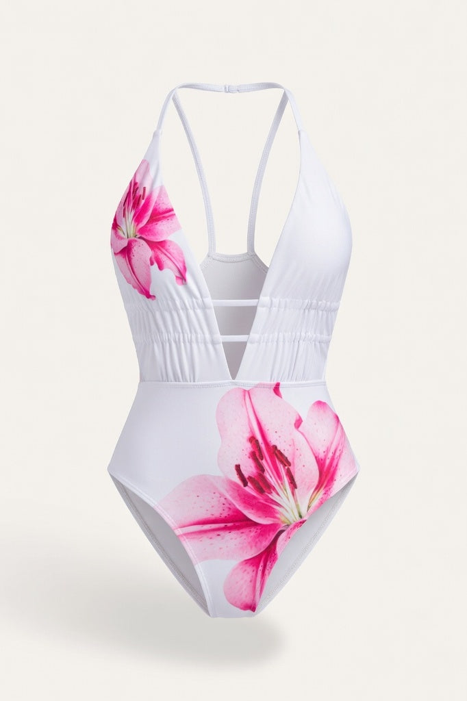 Printed Triangle Bikini Swimsuit — White Blue Floral
