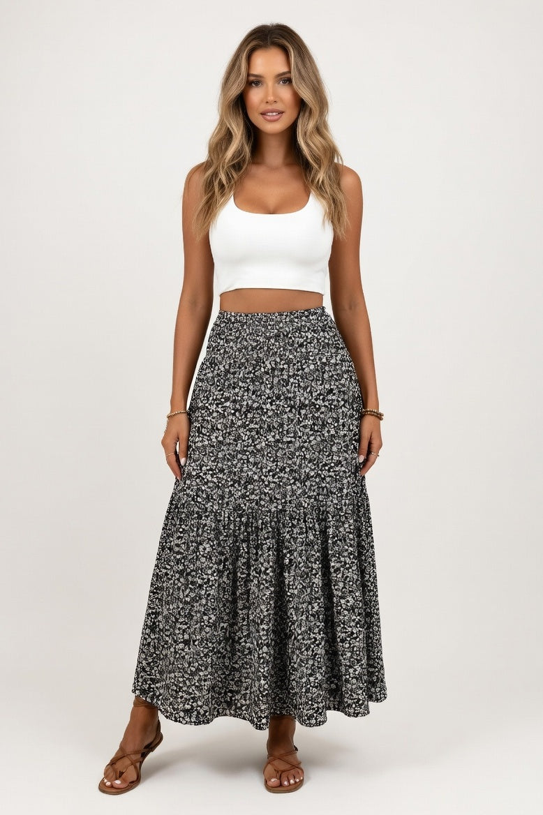 Floral A-Line Midi Skirt — Black