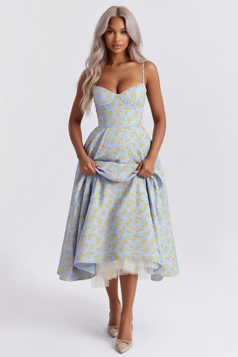 Mesh Double Layer Halter Dress — Blue Yellow Floral