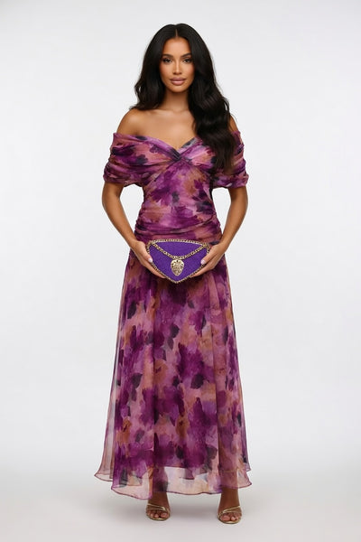 Printed Off-Shoulder Pleated Dress