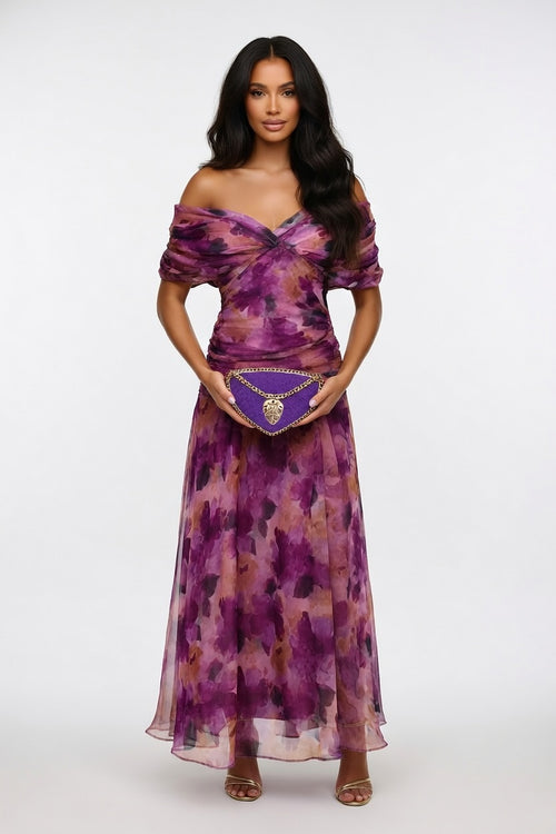 Printed Off-Shoulder Pleated Dress — front view