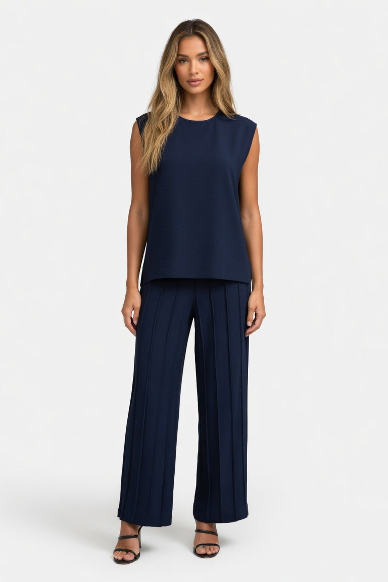 Knitted Co-ord Set Sleeveless Vest + Wide Leg Trousers — Navy Blue