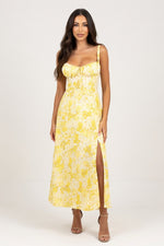 Floral Print Slit Midi Dress — Yellow
