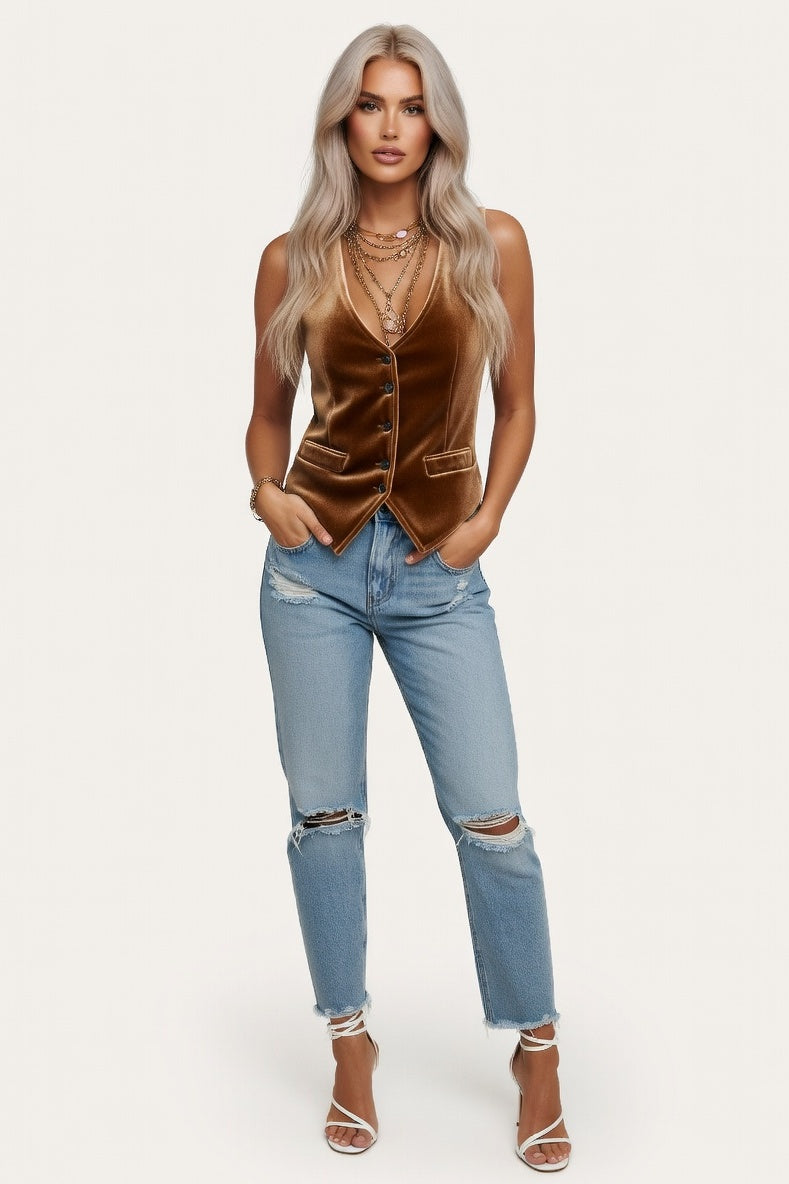 Velvet Button Front Vest — Coffee