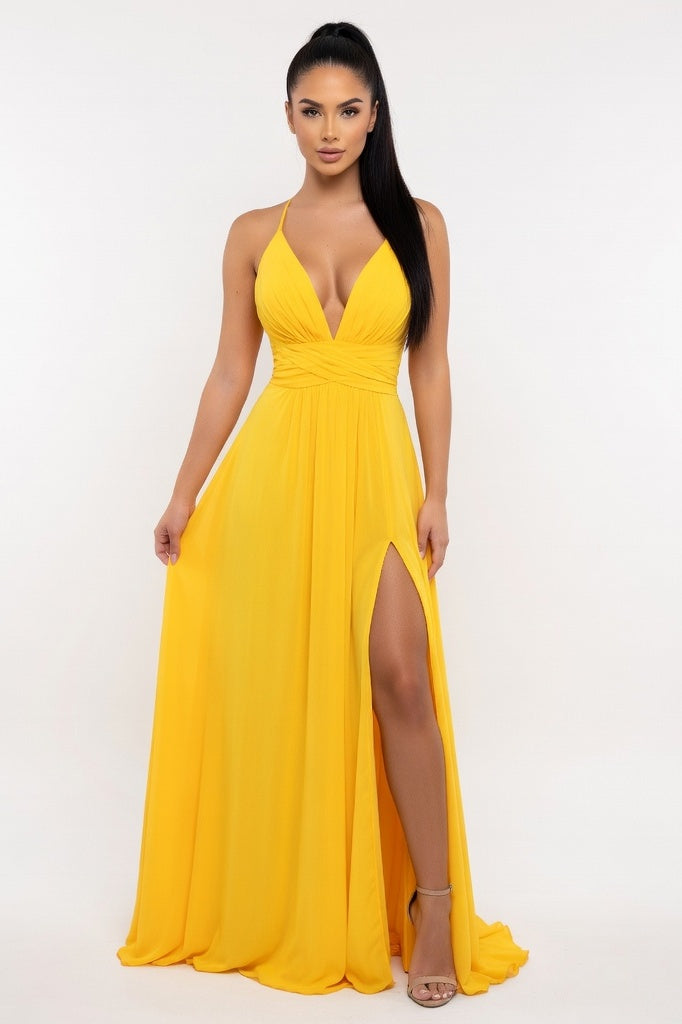 V-Neck Halter Jumpsuit with Side Slit — Yellow