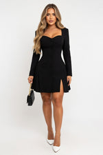 Deep V Ruffle Mini Dress — Black
