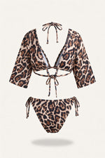 Leopard Print Three-Piece Swimsuit Set — back view