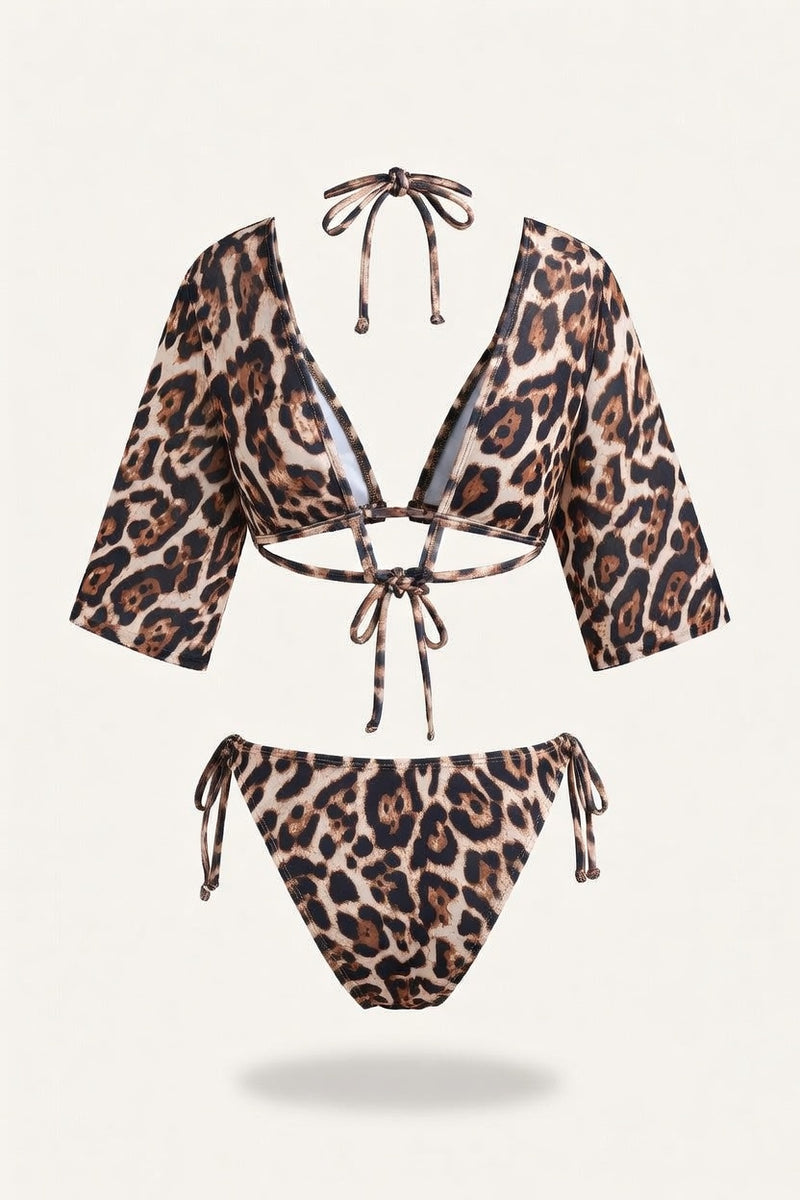 Leopard Print Three-Piece Swimsuit Set — back view