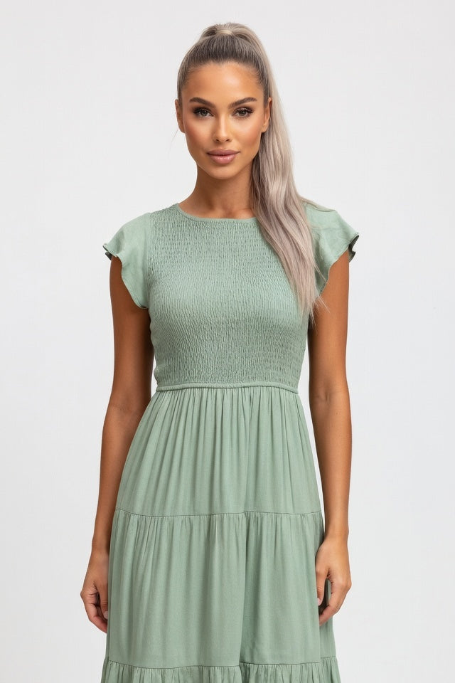 Tiered Mini Dress with Flutter Sleeves — Light Green
