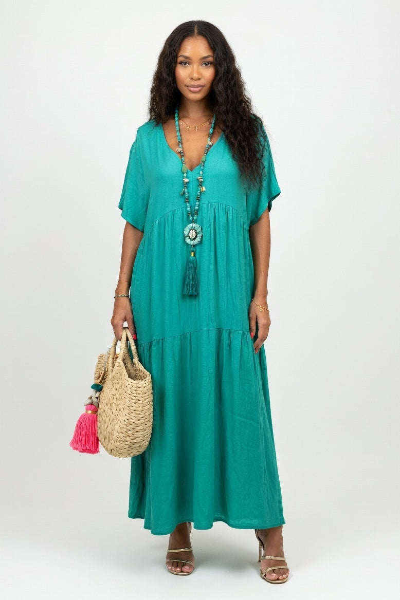 V-Neck Swing Dress — Peacock Blue