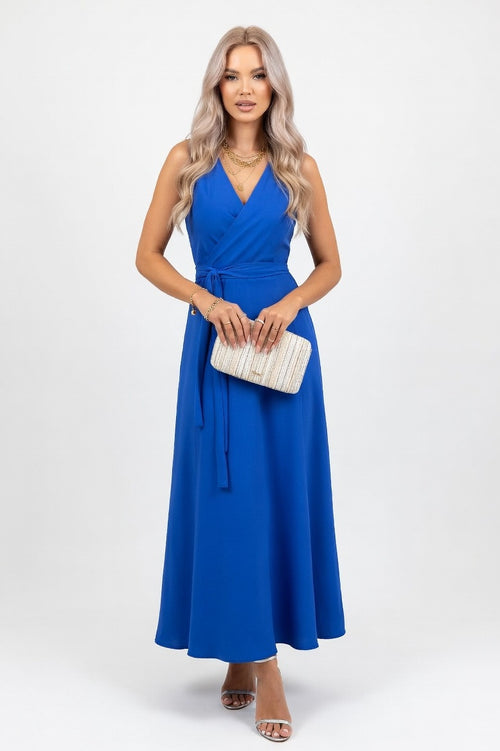 Lace-Up V-Neck Maxi Dress — Blue