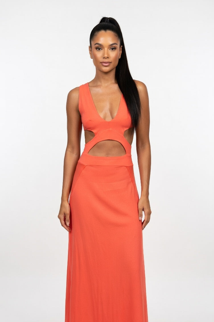 V-Neck Bodycon Dress — Orange Red