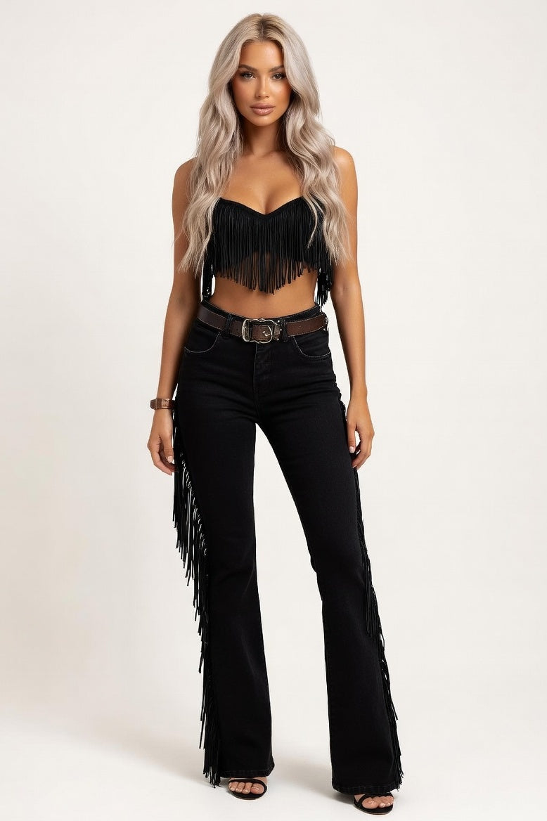 Tassel Flared Trousers — Black