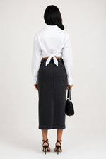 High-Waisted Denim Slit Skirt — back view