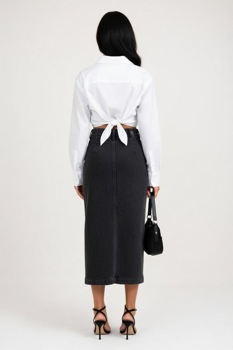 High-Waisted Denim Slit Skirt — back view