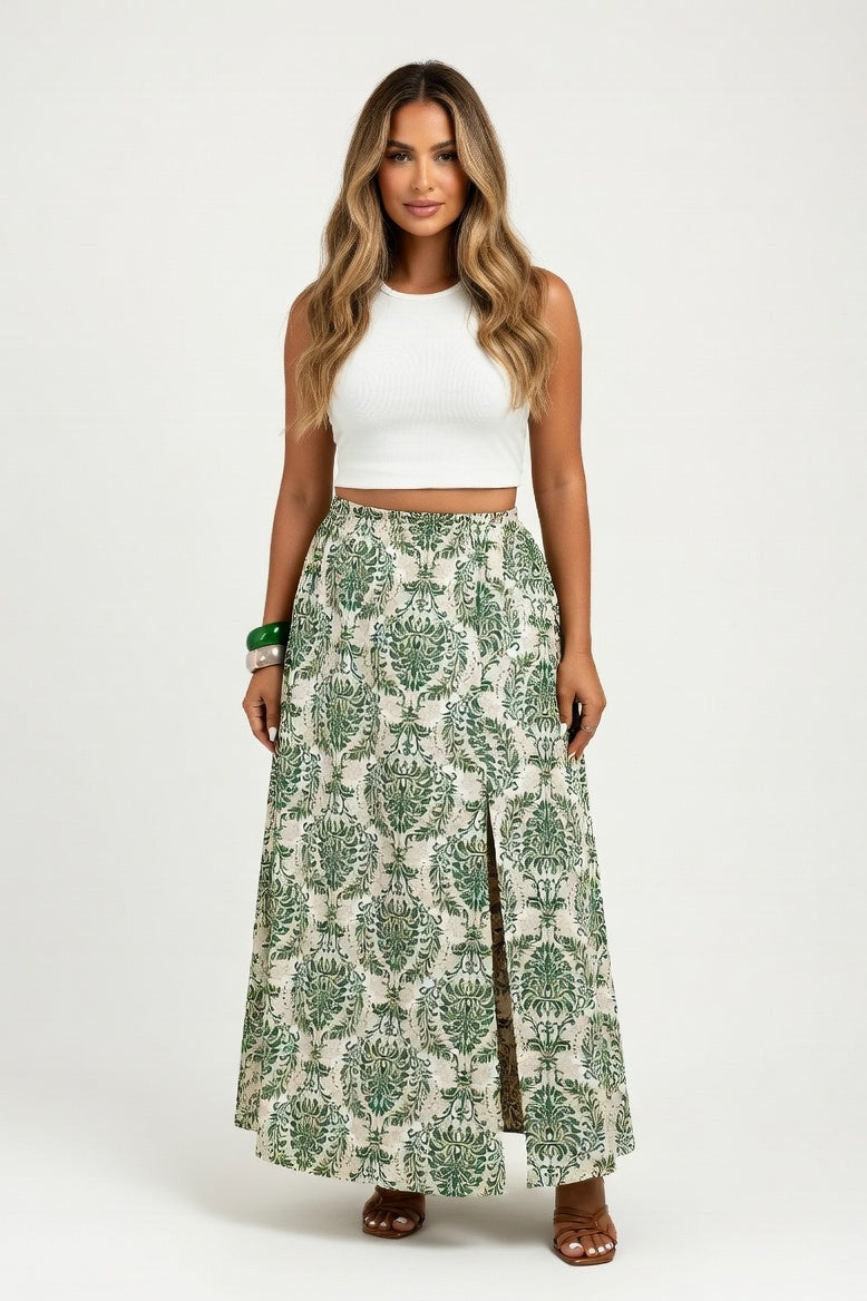 Printed Slit Midi Skirt — Light Green