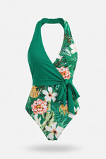 Printed Lace-Up Swimsuit — Green