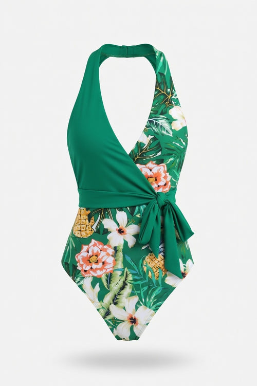 Printed Lace-Up Swimsuit — Green