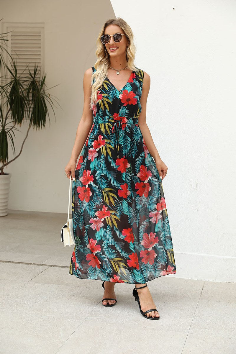 Backless Printed Strap Dress — Red Floral Print — colour variant