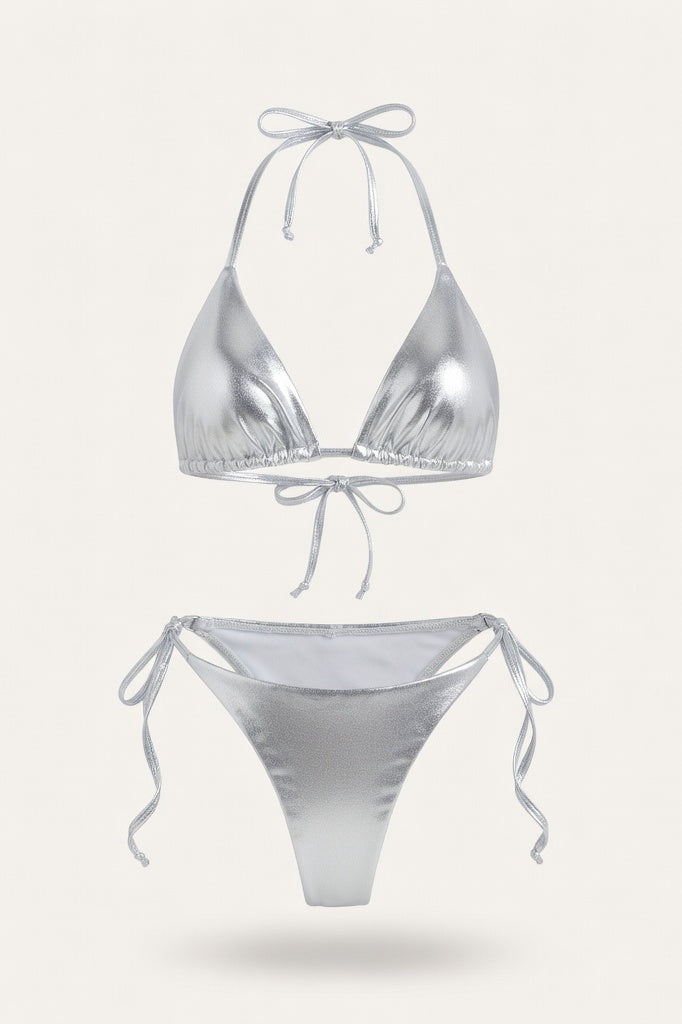 Lace-Up Bikini Set — Iridescent Silver