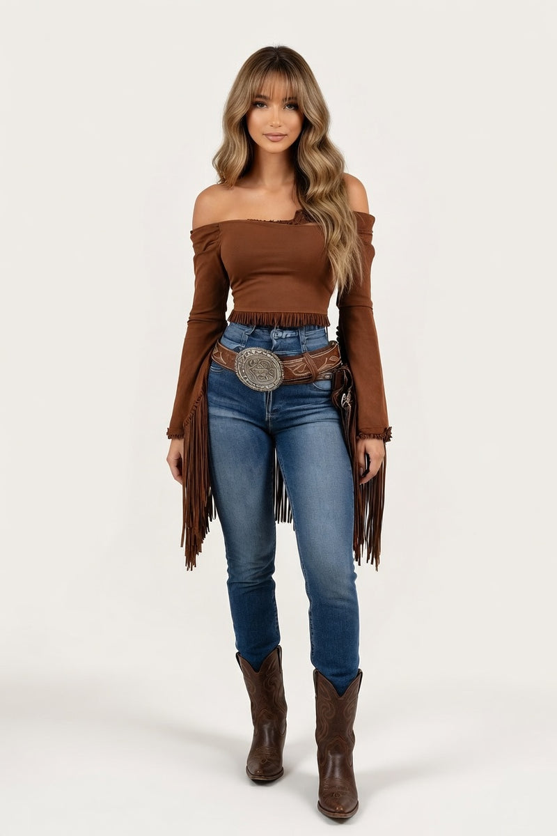 Off-Shoulder Tassel Top — front view