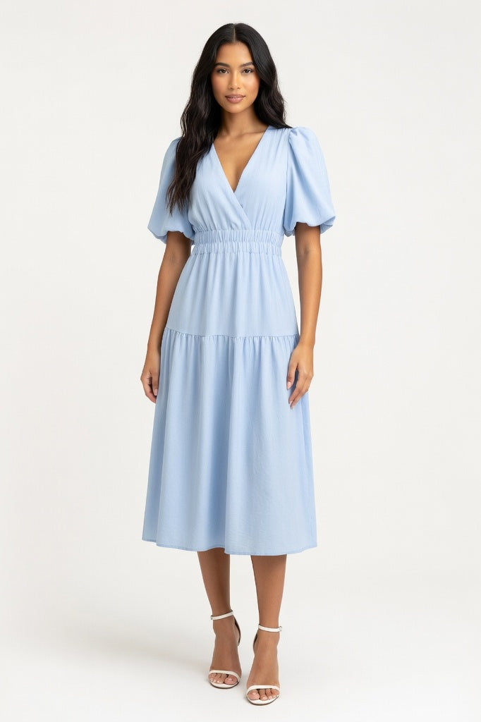 Deep V Puff Sleeve Maxi Dress — Light Blue