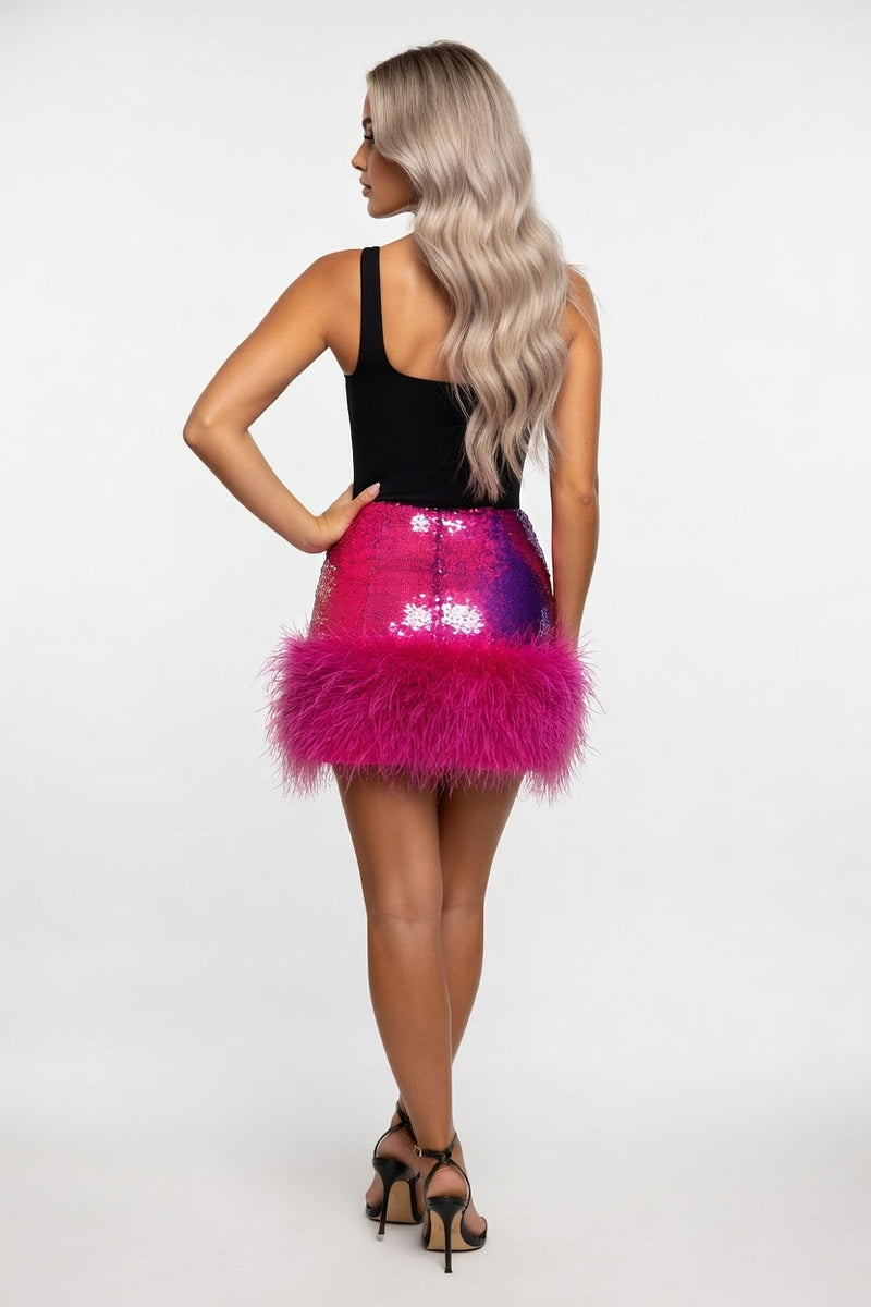 Sequin Mini Dress with Feather Hem — back view