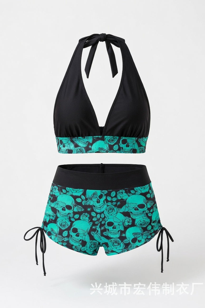 Skull Print One-Piece Swimsuit — Green Skull