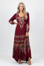 Printed U-Neck Maxi Dress — Burgundy
