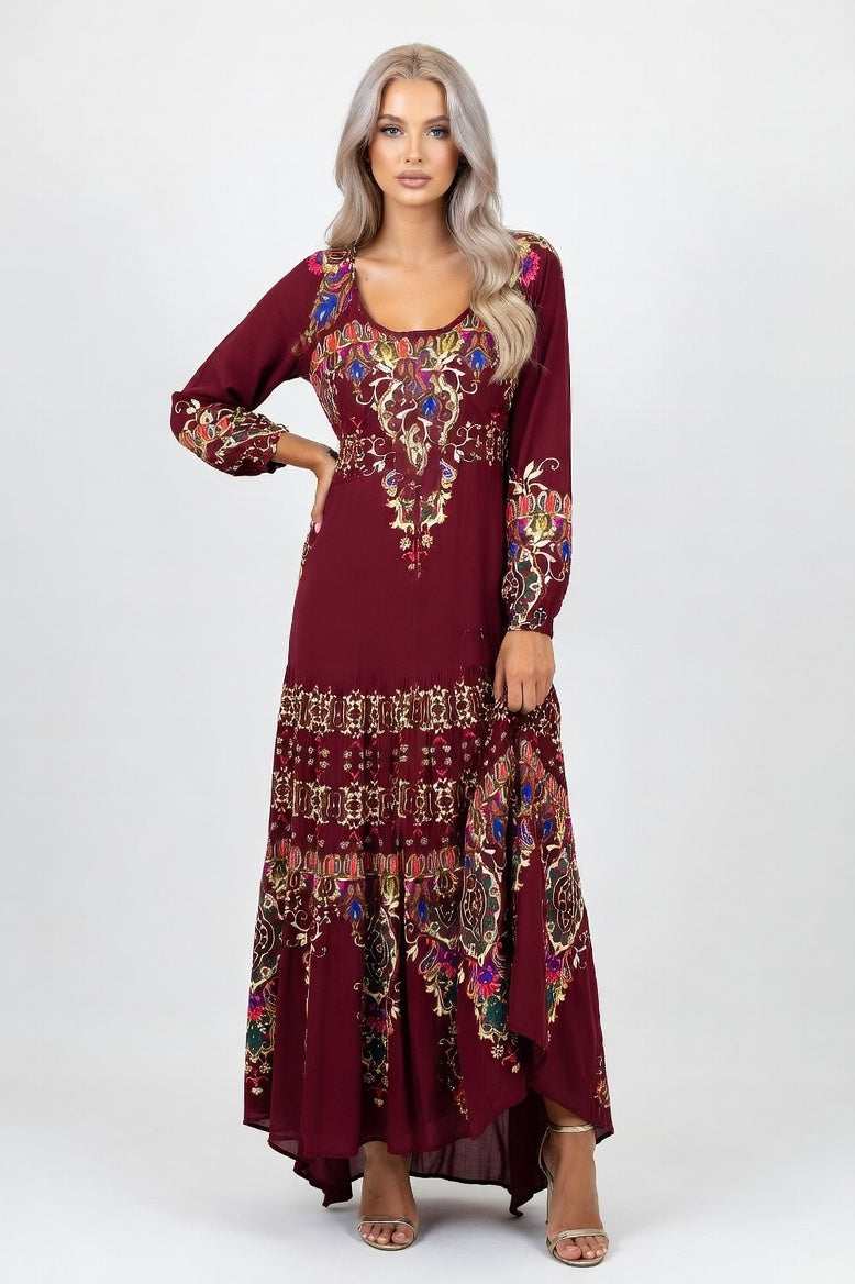 Printed U-Neck Maxi Dress — Burgundy