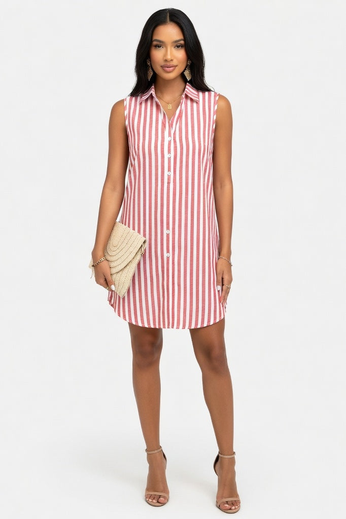 Striped Shirt Dress — Burgundy