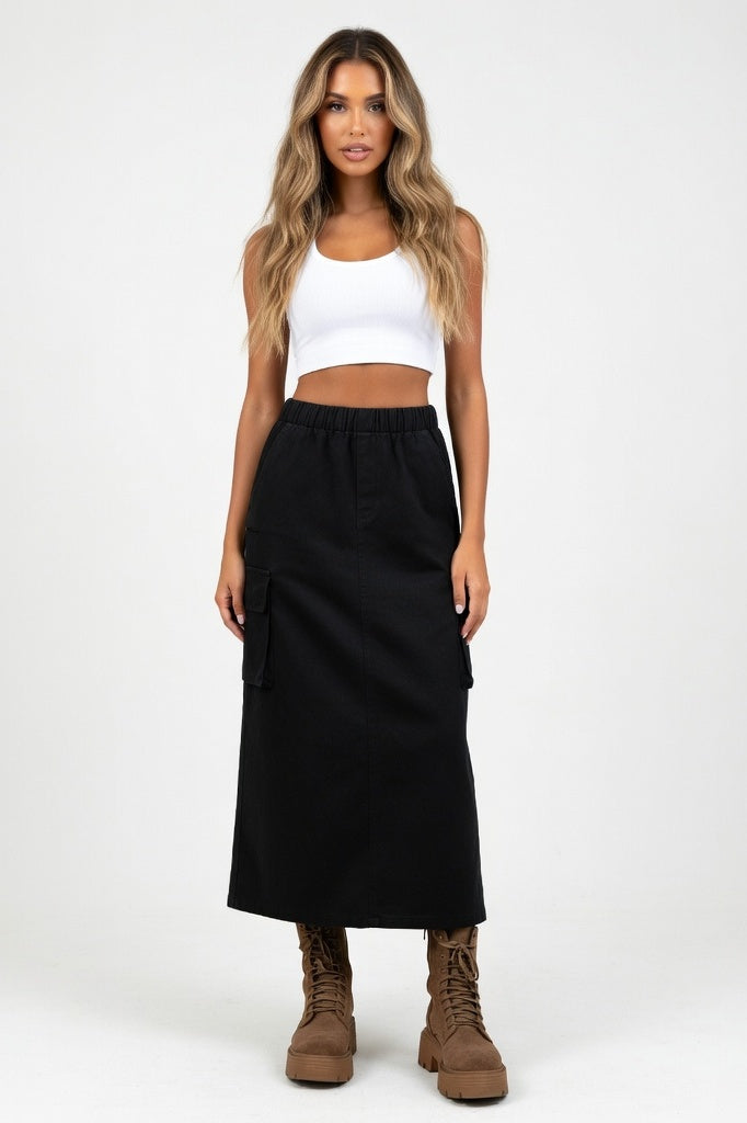 Drawstring Denim Work Skirt — Black