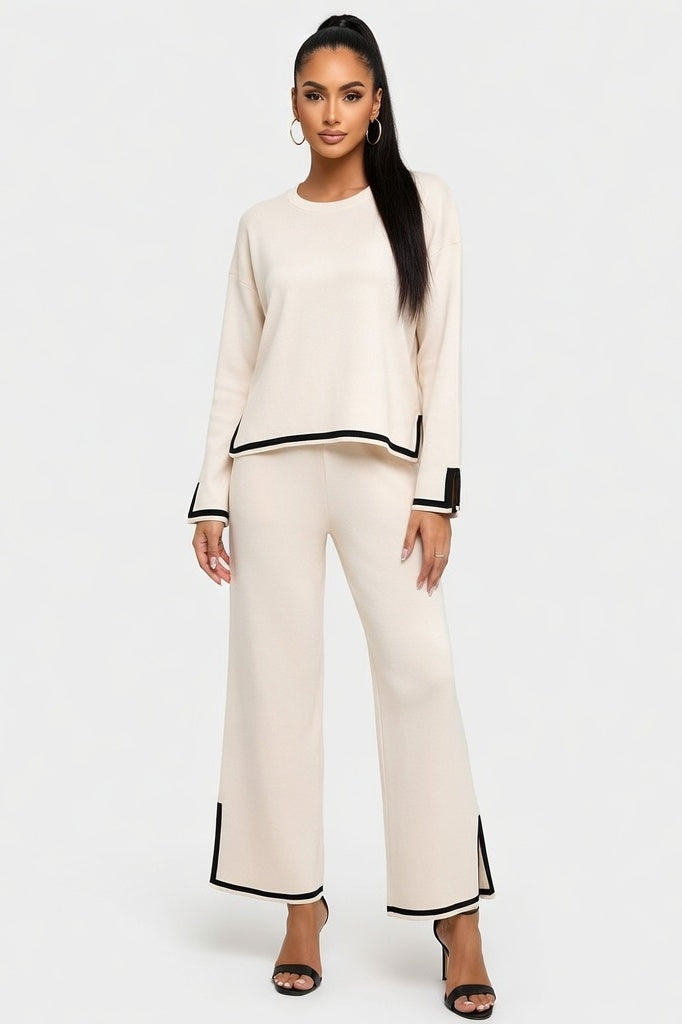 Contrast Detail Knit Co-ord Set — Apricot