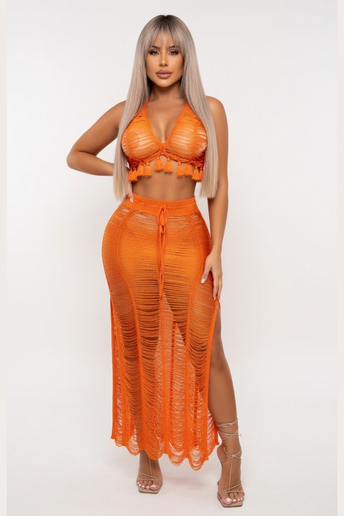 Tassel Bandeau & Skirt Co-ord Set — Orange