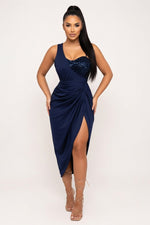Sequin One-Shoulder Maxi Dress — Dark Blue
