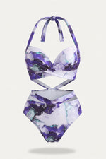 Printed High Waist Bikini Set — Purple Marble
