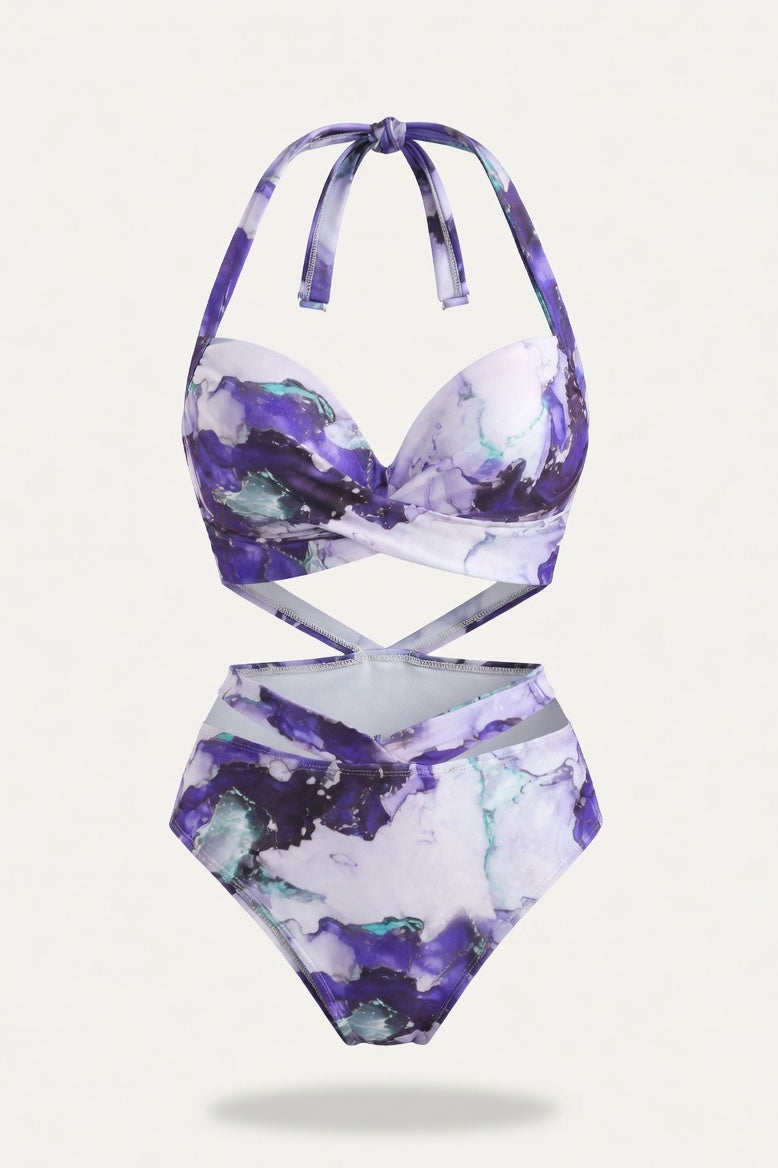 Printed High Waist Bikini Set — Purple Marble