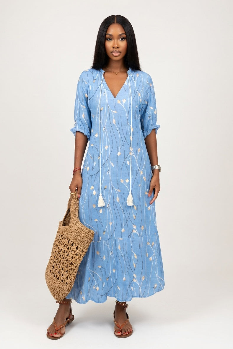 Printed V-Neck Midi Dress — Navy Blue