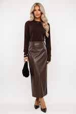 Faux Leather Mini Skirt with Side Slit — Brown