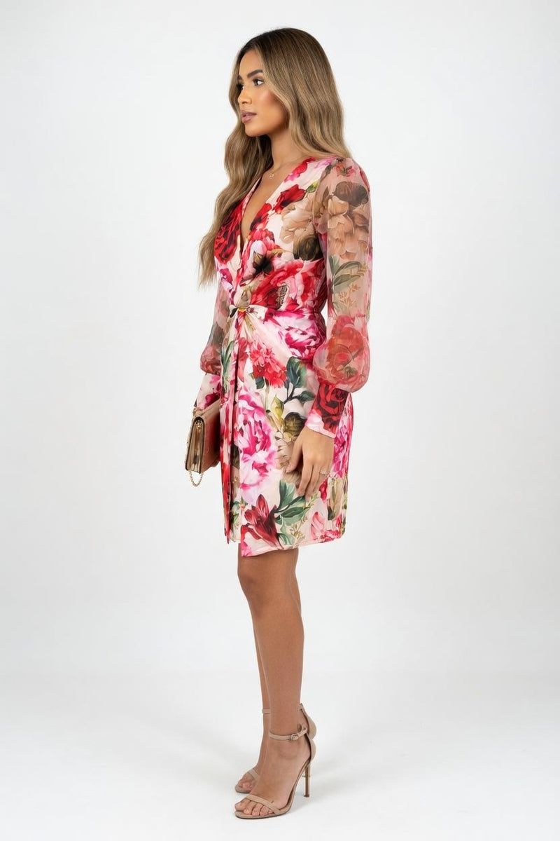 Mesh Sleeve Deep V Midi Dress — side view