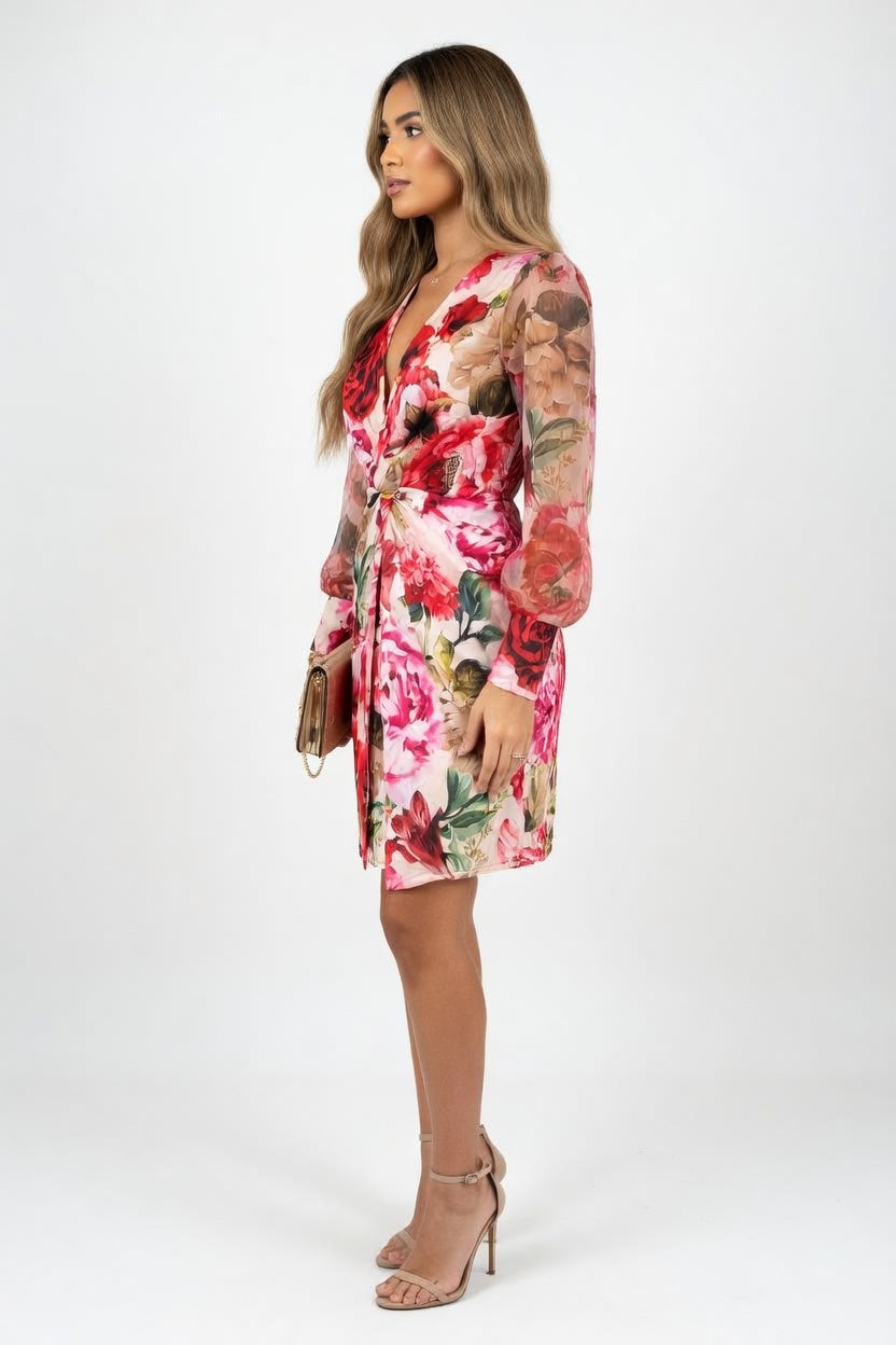 Mesh Sleeve Deep V Midi Dress — side view