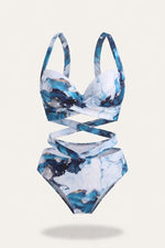 Printed High Waist Bikini Set — Blue Snake Print
