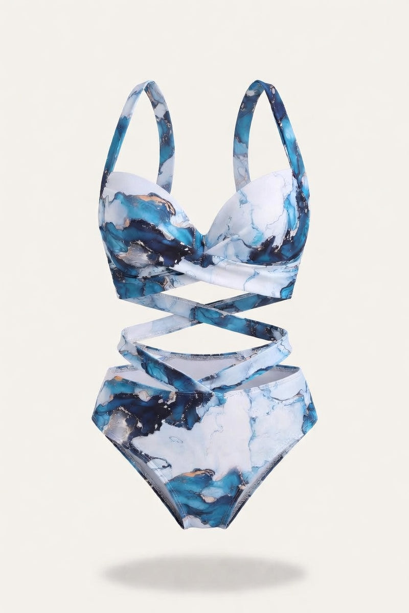 Printed High Waist Bikini Set — Blue Snake Print