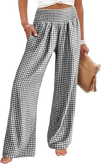 Check Print Wide Leg Trousers — Black Check — colour variant
