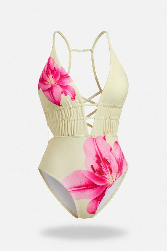 Printed Triangle Bikini Swimsuit — Black Red Floral