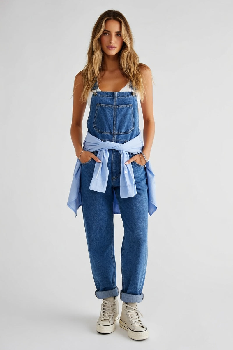 Washed Denim Overalls — Dark Blue