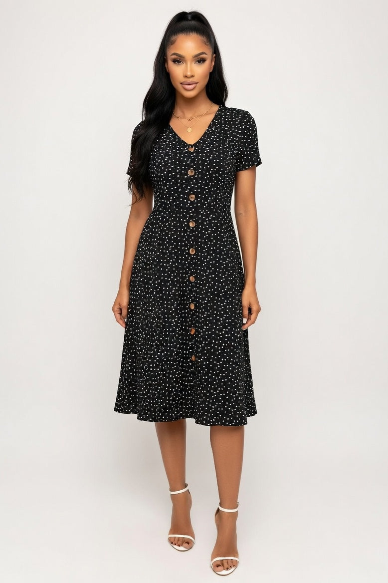 Polka Dot V-Neck Dress — Black