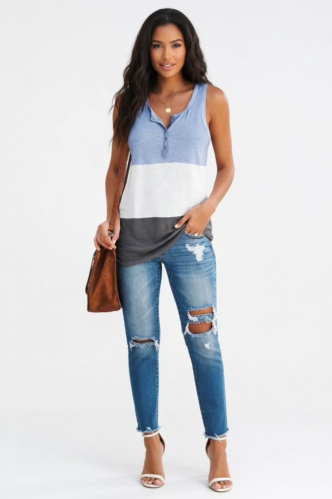 Contrast Collar Button Vest — Light Blue