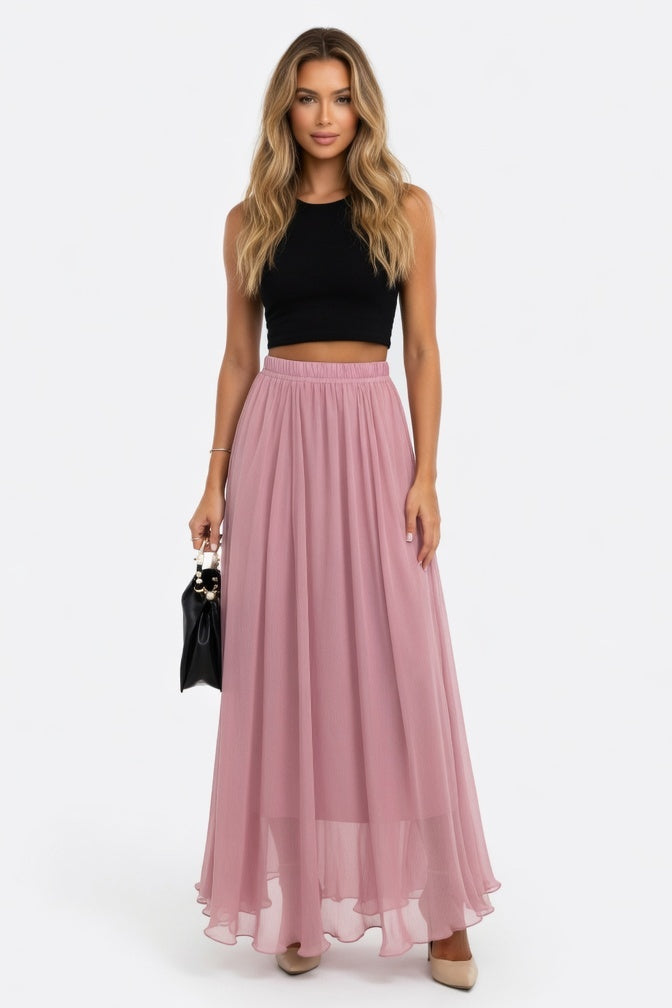 Chiffon High-Waist Maxi Skirt — Dusty Pink